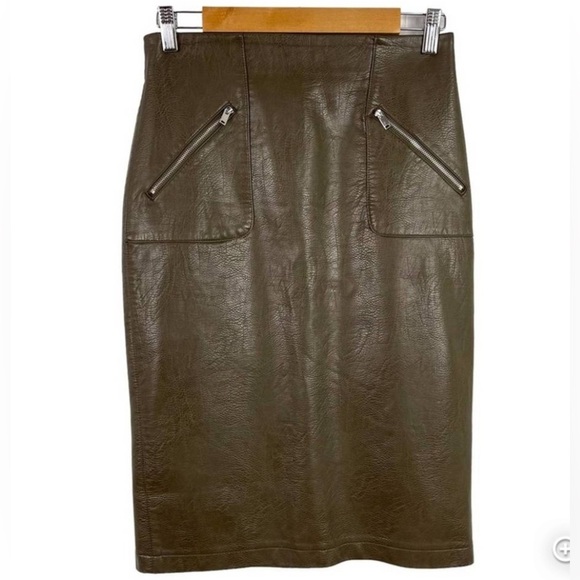 ZARA High Waisted Faux Leather Midi Pencil Skirt Dark Olive Green Zipped Pockets - Picture 2 of 7